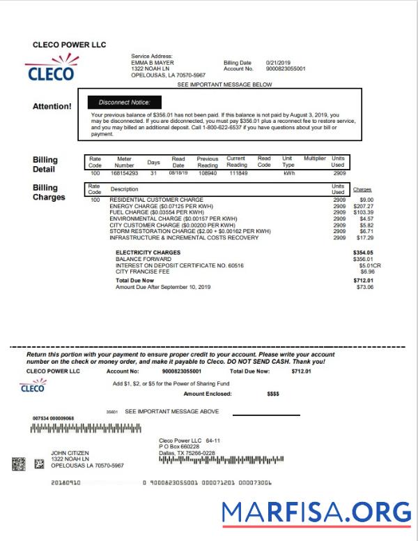 Blank USA Louisiana Cleco Power electricity utility bill template in Word and PDF format